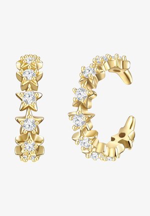 Kuldne rõngaskõrvarõngas, millel on tähekujuline aksessuaar ja selged vääriskivid, tekstureeritud disainiga ja siledaga viimistletud.