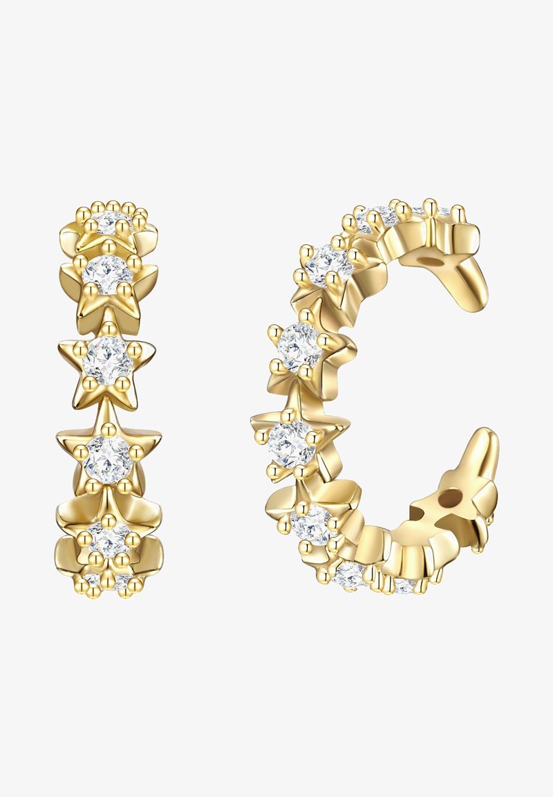 Arany fülbevalók csillag alakú díszítéssel és átlátszó drágakövekkel, texturált dizájnnal és sima felülettel.