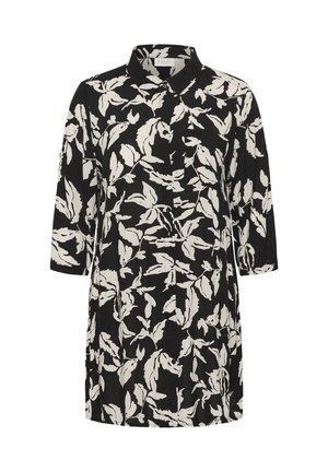 Musta pitkähihaisen napillisen mekon, jossa valkoinen lehtikuvioinen kukkaprintti ja klassinen kaulus. Mekolla on suora, väljähkö istuvuus.