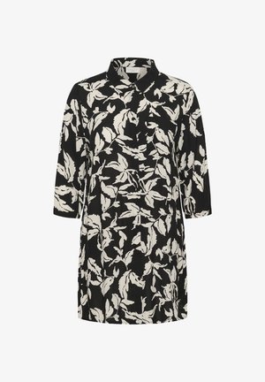 Schwarzes langärmliges Hemdblusenkleid mit weißen blättrigen Blumenmustern und klassischem Kragen, mit geradem, lockerem Schnitt.