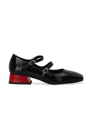 Black patent ankle strap shoe with two straps, pointed toe, and a geometric red and black low block heel. Smooth texture and shiny finish.
