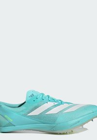 Light blue running shoe with white stripes, mesh upper for breathability, and spike plate at the sole. Features a sleek, tapered design.