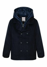 Marinblå sjömansrock med knäppt dubbelknäppt fram, breda kragar och en vadderad huva. Har sidofickor och en slät ullliknande textur.