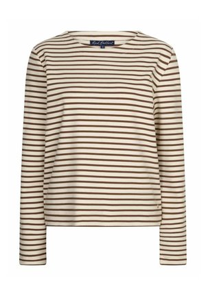 Shirt met lange mouwen met bruine en beige horizontale strepen en een ronde hals, maat small met rood merklabel met knoop.
