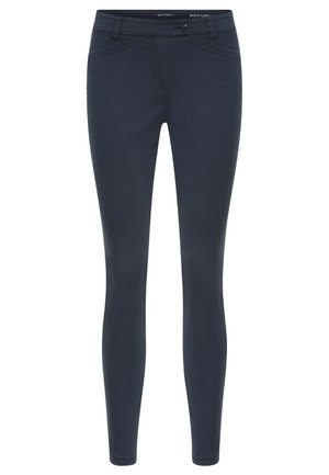 Dark navy slim-fit pants with front pockets, belt loops, and a button closure at the waistband.