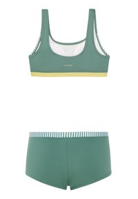 Completo da bagno a due pezzi con top verde e striscia gialla e parte inferiore coordinata. La cintura ha un motivo a righe. Materiale morbido e elastico.