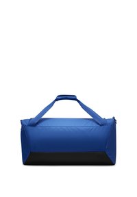 Blauwe sporttas met zwarte basis, gemaakt van duurzaam materiaal, met een rechthoekige vorm, bovenhandvatten en een ritssluiting.