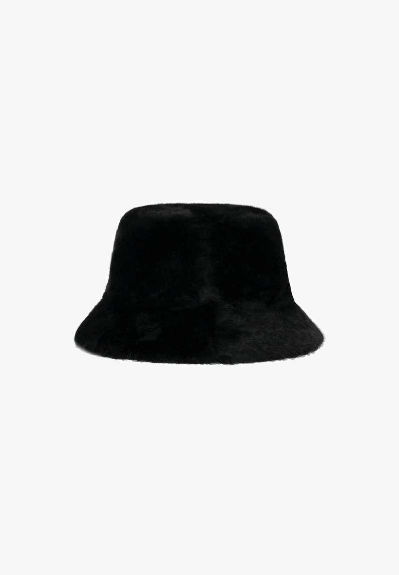 Sort kunstpelsbuckets hat med en blød tekstur, bred skygge og rund top, som giver en struktureret men samtidig komfortabel form.