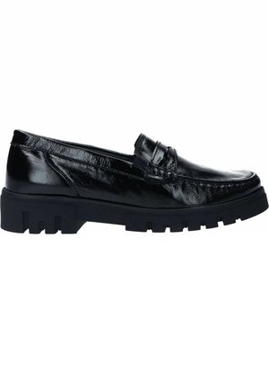 Black loafers with a glossy leather upper, fitted with a thick black rubber sole featuring a tread pattern, designed in a classic shape.