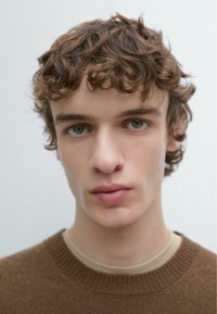 Hnědý svetr s žebrovaným límcem, pod kterým je světle béžová košile. Osoba má krátké, mírně rozcuchané kudrnaté vlasy a modré oči.