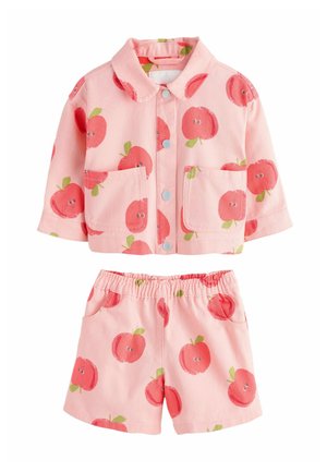 Pink two-piece outfit featuring a collared button-up top and elastic waist shorts, both adorned with a repeated apple print.