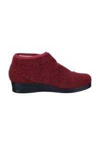Red felt ankle boots with a rounded toe, elasticized collar, and a low black wedge sole, featuring subtle stitching details.