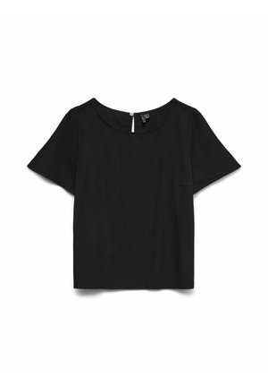 Chemisier noir à manches courtes avec encolure ronde et petite fermeture par bouton à l'arrière, présenté à plat sur un fond blanc.