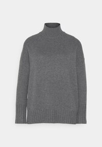 Weicher, grauer Strickrollkragenpullover mit langen Ärmeln sowie geripptem Kragen, Manschetten und Saum auf einem schlichten weißen Hintergrund.