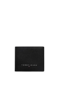 Cartera de cuero negro con una textura suave, que presenta el logotipo blanco "TOMMY JEANS" y un pequeño emblema de color. Diseño compacto y plegable.