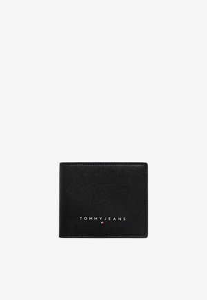 Portafoglio in pelle nera con texture liscia, caratterizzato dal logo "TOMMY JEANS" bianco e da un piccolo emblema colorato. Design compatto a bifold.