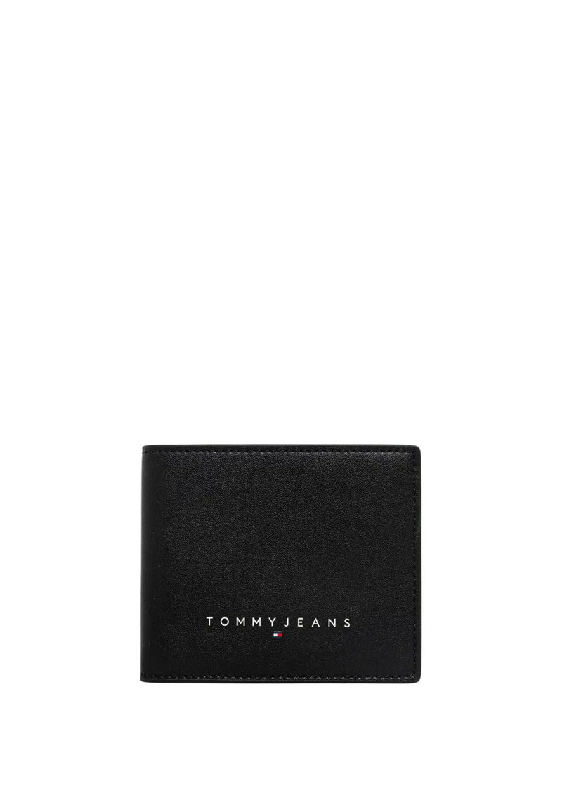 Cartera de cuero negro con una textura suave, que presenta el logotipo blanco "TOMMY JEANS" y un pequeño emblema de color. Diseño compacto y plegable.
