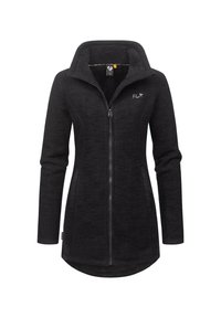 Black fleece jacket with high collar, front zipper, and side pockets; features textured fabric and logo on chest; mid-length design.