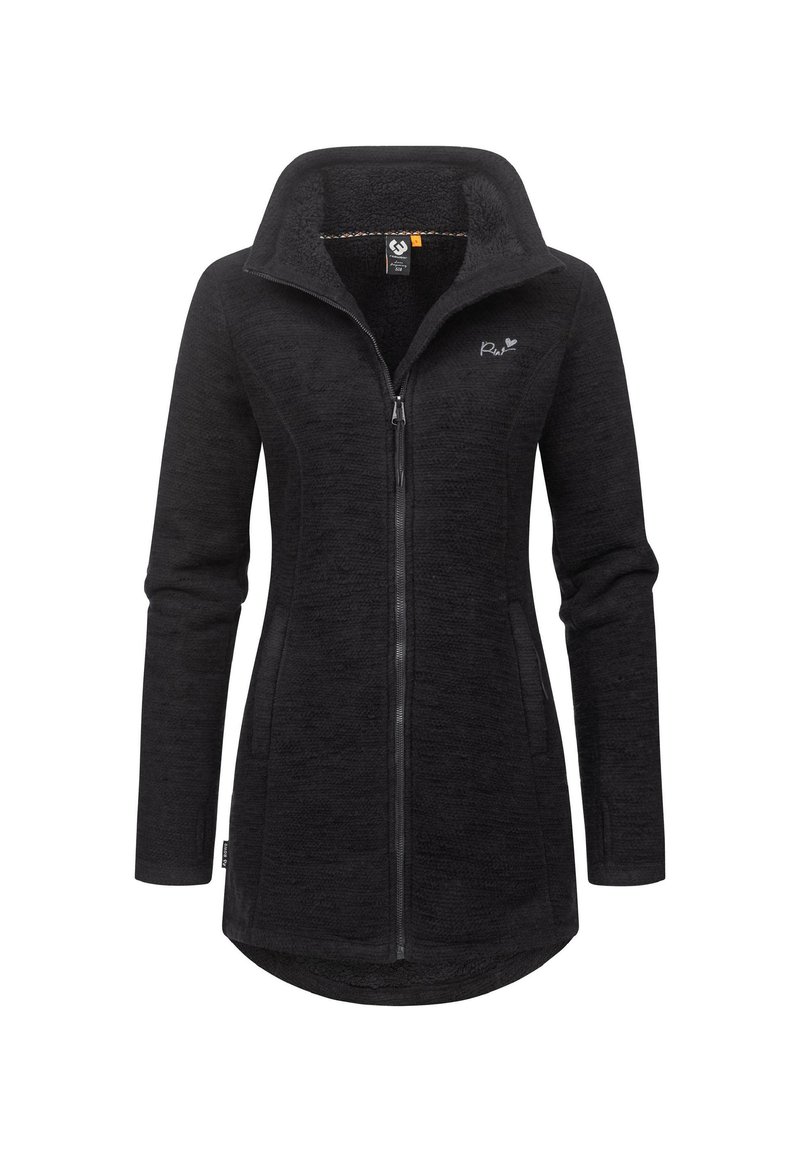 Black fleece jacket with high collar, front zipper, and side pockets; features textured fabric and logo on chest; mid-length design.