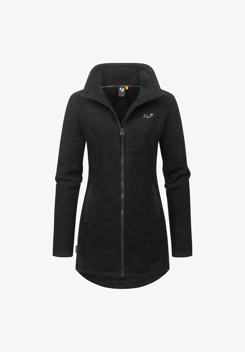 Crna dukserica od flisa s visokim ovratnikom, prednjim zatvaračem i bočnim džepovima; sadrži teksturirani materijal i logo na prsima; srednje dužine.