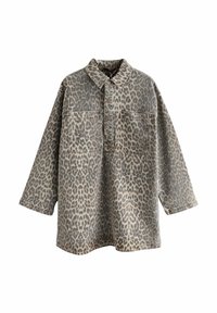 Oversized-Leopardenmusterhemd aus Denim, mit einem klassischen Kragen, zwei Fronttaschen und Knopfverschlüssen, und langen Ärmeln.