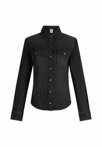 Camicia in denim nera con maniche lunghe, bottoni a pressione, due tasche sul petto e dettagli decorativi sul colletto. Texture liscia, design aderente.
