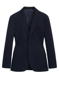 Granatowa marynarka wykonana z teksturowanej tkaniny, z wyciętymi klapami, jedną kieszenią z przodu, dwoma kieszeniami bocznymi i zapięciem na jeden guzik.