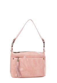 Borsa a tracolla rosa con texture, dotata di chiusura con zip, manico corto e un pon-pon decorativo. Materiale liscio con un design a rete e dettagli in metallo.