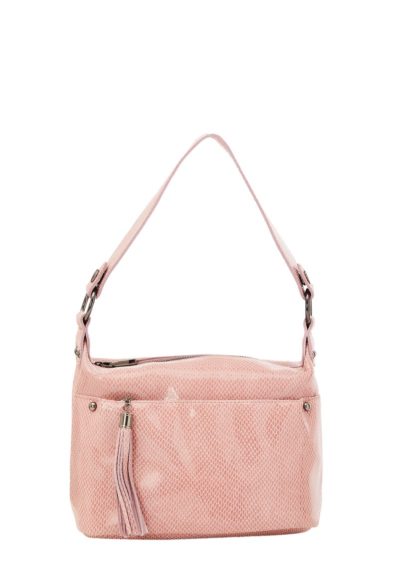 Borsa a tracolla rosa con texture, dotata di chiusura con zip, manico corto e un pon-pon decorativo. Materiale liscio con un design a rete e dettagli in metallo.