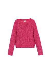 Fluffy roze trui met lange mouwen, een brede halslijn en een cropped fit. Getextureerd breiwerk met kleurrijke vlekken door het geheel.