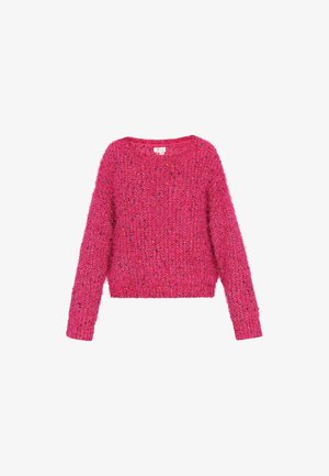 Futrzasty różowy sweter z długimi rękawami, szerokim dekoltem i krótkim fasonem. Teksturowany splot z kolorowymi akcentami.