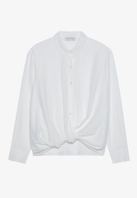 Blusa bianca a maniche lunghe con colletto, caratterizzata da un dettaglio frontale attorcigliato. Tessuto liscio, chiusura a bottoni e polsini aderenti.