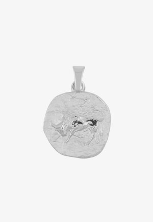 Silberanhänger mit einer strukturierten ovalen Form und einem erhabenen Stierdesign, verziert mit Sternen und einer polierten Oberfläche am Stier.