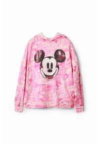 Felpa rosa con grande faccia di Topolino nera e bianca sulla parte frontale, coperta da stampe e testo in stile fumetto di Topolino più piccoli.