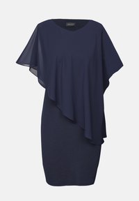 Mörkblå klänning med ett lager av flödande chiffon ovanpå. Det nedre tyget har en texturerad yta och en rund halsringning.