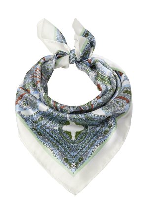 Silk scarf featuring a symmetrical floral pattern in blue, green, and orange accents, with a white border and ties at the top.