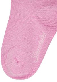 Pink cotton sock with ribbed texture, featuring a rounded toe and subtle branding in white near the ankle.