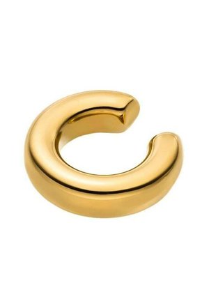 Dicker goldener offener Kreolenohrring mit glatter, glänzender Oberfläche und abgerundeten Kanten auf weißem Hintergrund.