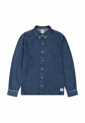 Denim shirt in dark blue with long sleeves, button-down collar, gold buttons, and contrasting stitching. Features brand label on hem.