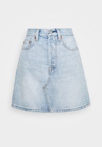 Gonna in denim azzurro chiaro con vita alta, forma a A e cuciture visibili. Presenta tasche frontali e chiusura con bottone.