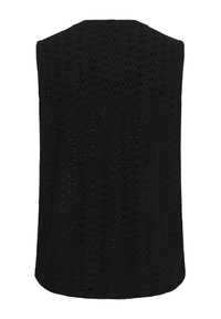 Haut noir sans manches avec un motif en dentelle texturée, présentant des formes de losanges et de petites découpes partout, ourlé en bas.