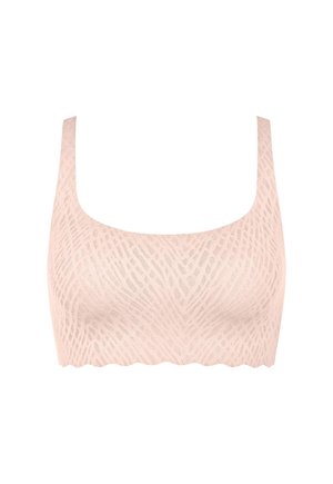 Hellrosa nahtloser BH mit breiten Trägern und einem dezenten abstrakten Muster, entworfen für Komfort und Halt.