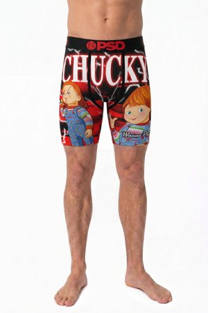 Male wearing black and red boxer briefs with Chucky characters and the word "CHUCKY" in large white letters across the front.