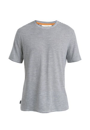 Camiseta de manga corta a rayas en blanco y azul marino, con un cuello redondo y una textura suave y lisa, con una etiqueta de logo en la costura lateral.