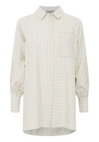 Striped button-up shirt in beige and cream, featuring a chest pocket, long sleeves, and a relaxed fit with a rounded hem.