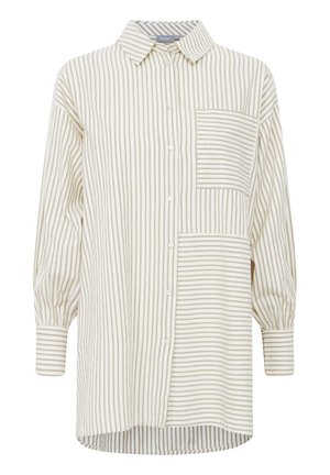 Riblja srajca v bež in smetanastih tonih, z žepom na prsih, dolgimi rokavi in sproščenim krojem s zaobljenim robom.