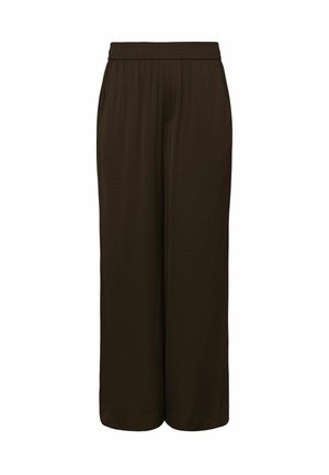 Rjave široke hlače širokega kroja z elastičnim pasom in stranskimi žepi, narejene iz lahkega materiala.