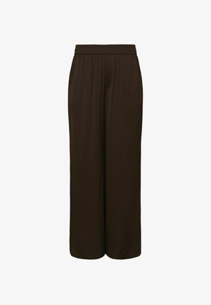 Bruine losse wijde broek met elastische tailleband en zijzakken, gemaakt van lichtgewicht stof.