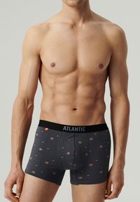 Szare bokserki z wzorem koszykarskim, elastyczny pas na którym widnieje napis "ATLANTIC", gładki materiał, dopasowany krój i krótka długość nogawki.