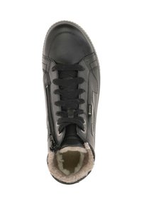 Sneaker in pelle nera con design con lacci e zip laterale. Fodera in morbido peluche visibile dalla parte superiore, con suola imbottita.